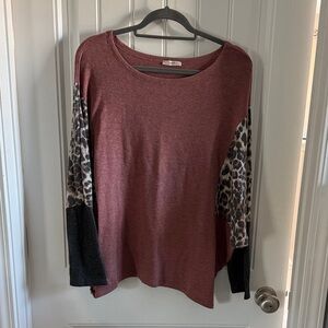 JODIFL Burgundy Top with Leopard and Black Sleeves